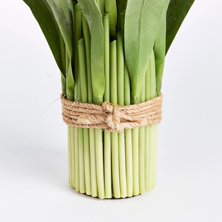 The NAPA HOME AND GARDEN - PEONY TULIP DROP IN 18 features no-maintenance white tulips and green leaves, upright and tied with natural jute twine, against a white background.