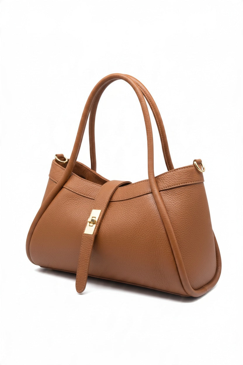 Tan pebbled leather ANTONIO MODA LEATHER PORTICO HANDBAG - MEDIUM with two handles and a gold-tone clasp closure.