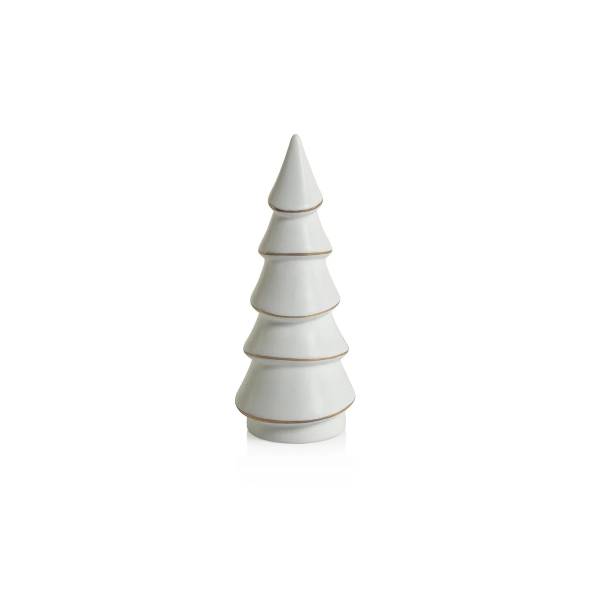 The ZODAX ALPINA White Porcelain Tree with Gold Trim 6.5&quot; features five tiered layers in a stylized Christmas tree shape, set against a plain white background.