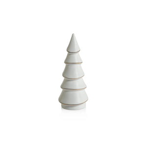 The ZODAX ALPINA White Porcelain Tree with Gold Trim 6.5" features five tiered layers in a stylized Christmas tree shape, set against a plain white background.