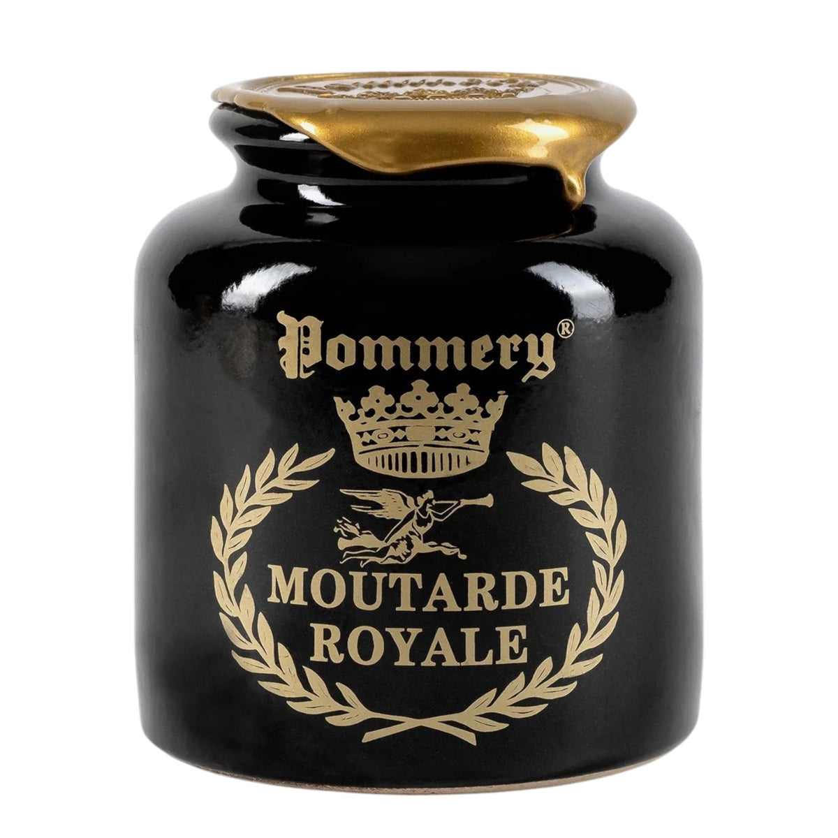 A black ceramic jar with gold text and designs, labeled “FRENCH ROYAL MUSTARD WITH COGNAC” by FRENCH FEAST, features a crown and laurel wreath. This elegant jar holds authentic mustard, sealed with gold wax on the lid.