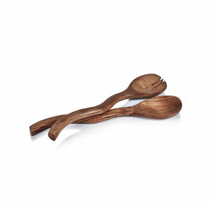 The ZODAX MANGO WOOD CURVY SALAD SERVER SET features two handcrafted servers—a spoon and fork—with a wavy design, crafted from mango wood for elegant dining. Set is displayed on a white background.