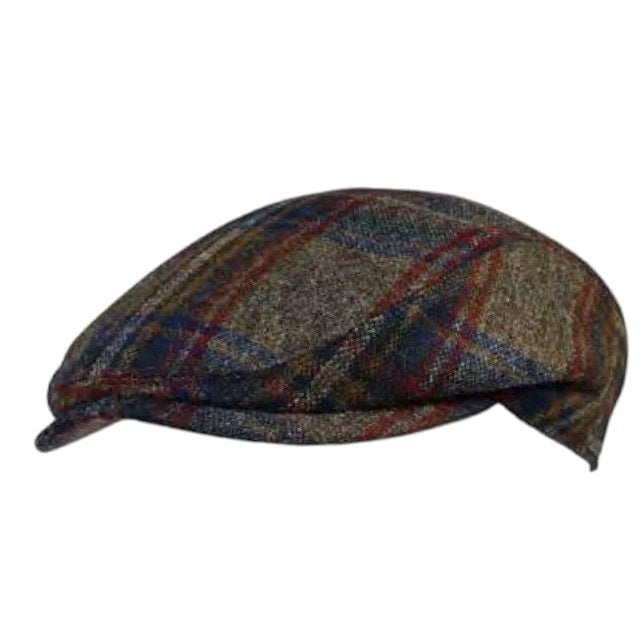 Close-up of virgin wool fabric in a multicolor check pattern, featuring intersecting blue, red, gold, and gray stripes. The central area appears worn or faded compared to the rest of the material, reminiscent of traditional fabrics used in the WIGENS IVY SLIM VIRGIN WOOL CAP IN MULTICOLOR CHECK by WIGENS.