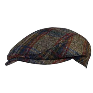 Close-up of virgin wool fabric in a multicolor check pattern, featuring intersecting blue, red, gold, and gray stripes. The central area appears worn or faded compared to the rest of the material, reminiscent of traditional fabrics used in the WIGENS IVY SLIM VIRGIN WOOL CAP IN MULTICOLOR CHECK by WIGENS.