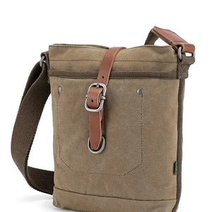 The TSD BRAND Forest Zip Crossbody Bag in olive features a khaki canvas design with a brown adjustable strap, front pocket, and brown leather strap with metal buckle and clasp—offering military-inspired style and practical utility.