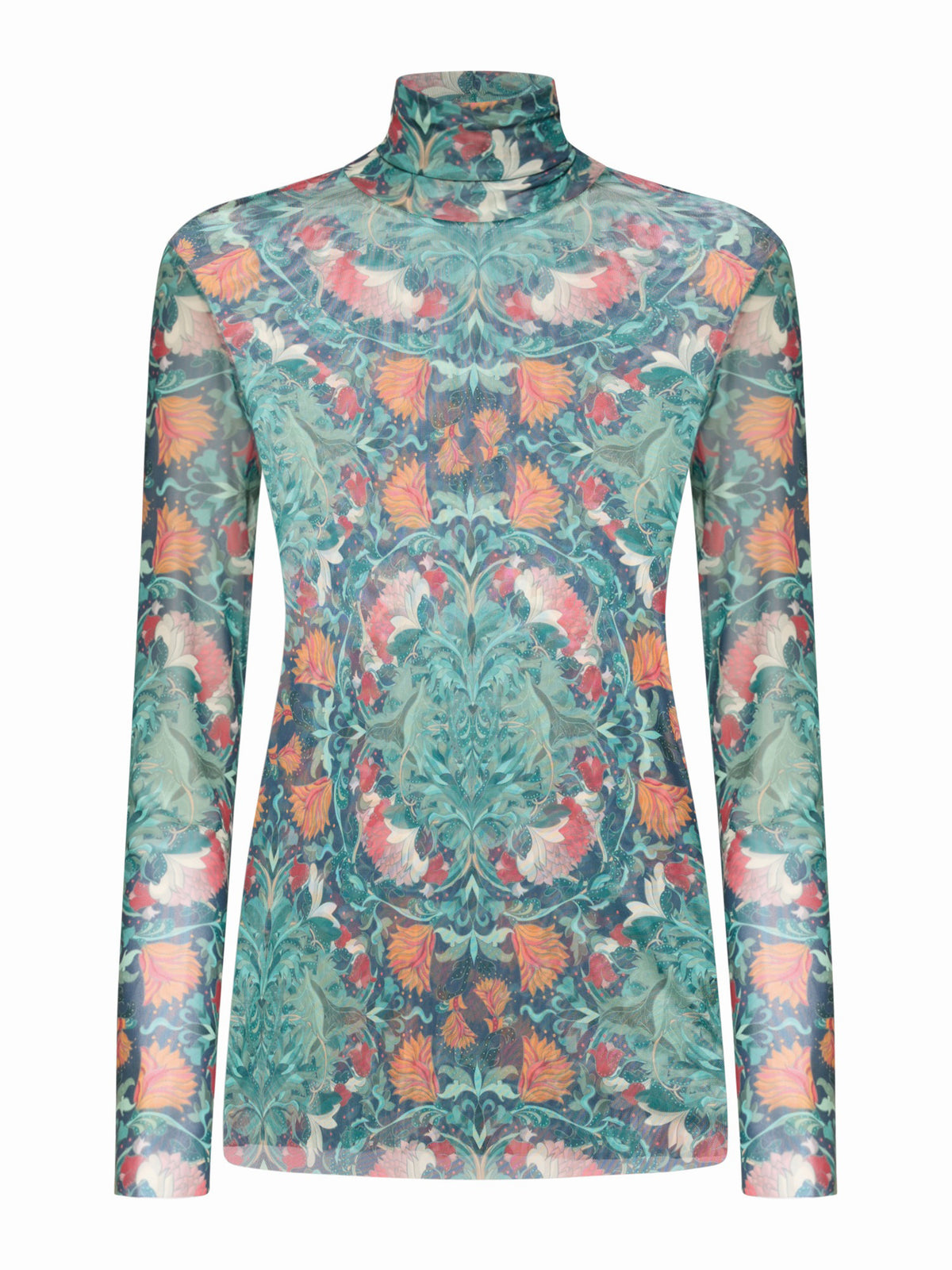 The FRANCO FERRARI - BALLET MESH TOP is a sheer long-sleeve turtleneck with a vibrant baroque botanical print in green, red, pink, and orange—perfect for vintage-inspired layering and standout style.