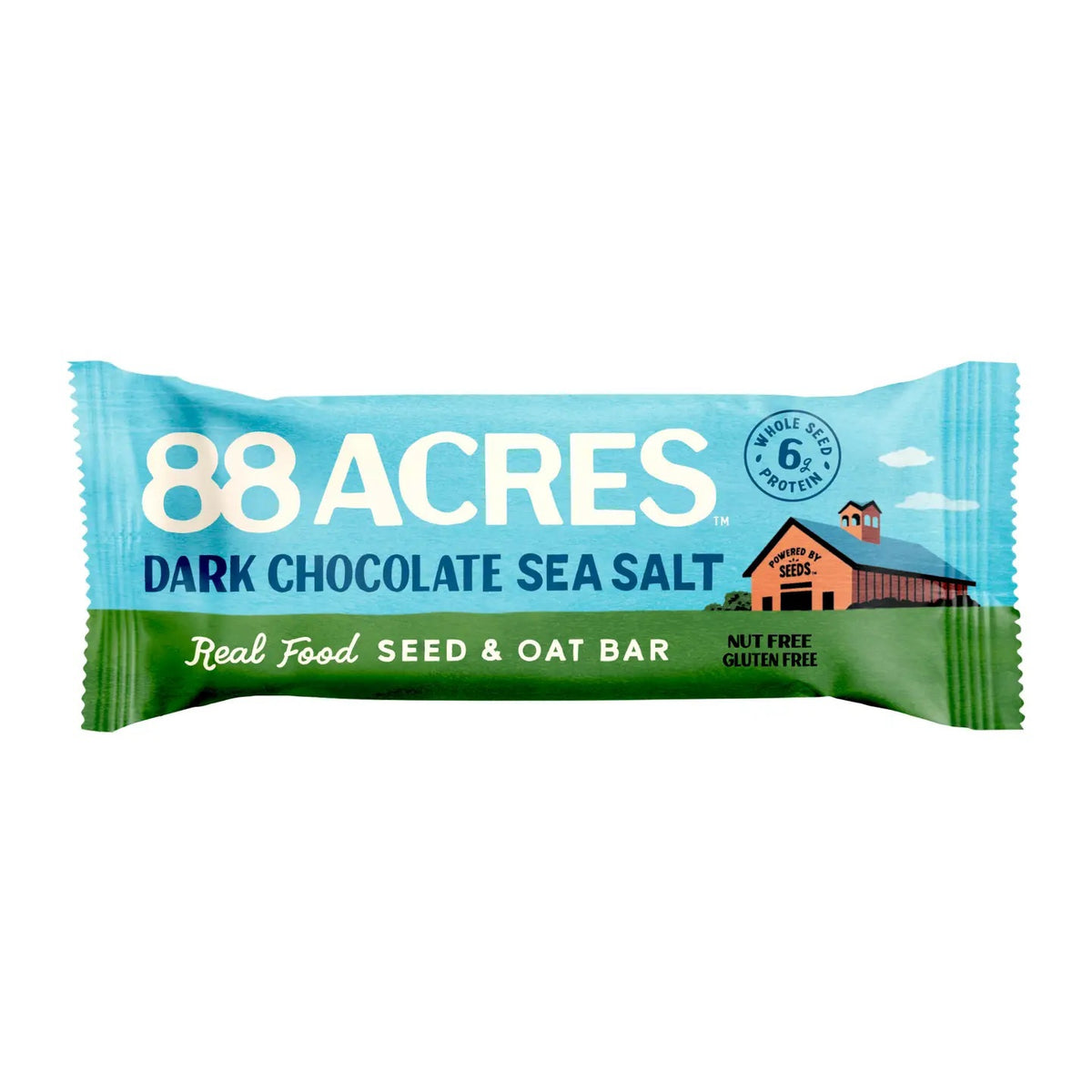 Flat lay of 88 ACRES - DARK CHOCOLATE SEA SALT SEED OAT BAR, a nut-free vegan snack, featuring opened and unopened bars in blue wrappers arranged with white boxes and chocolate pieces on a light wooden surface.