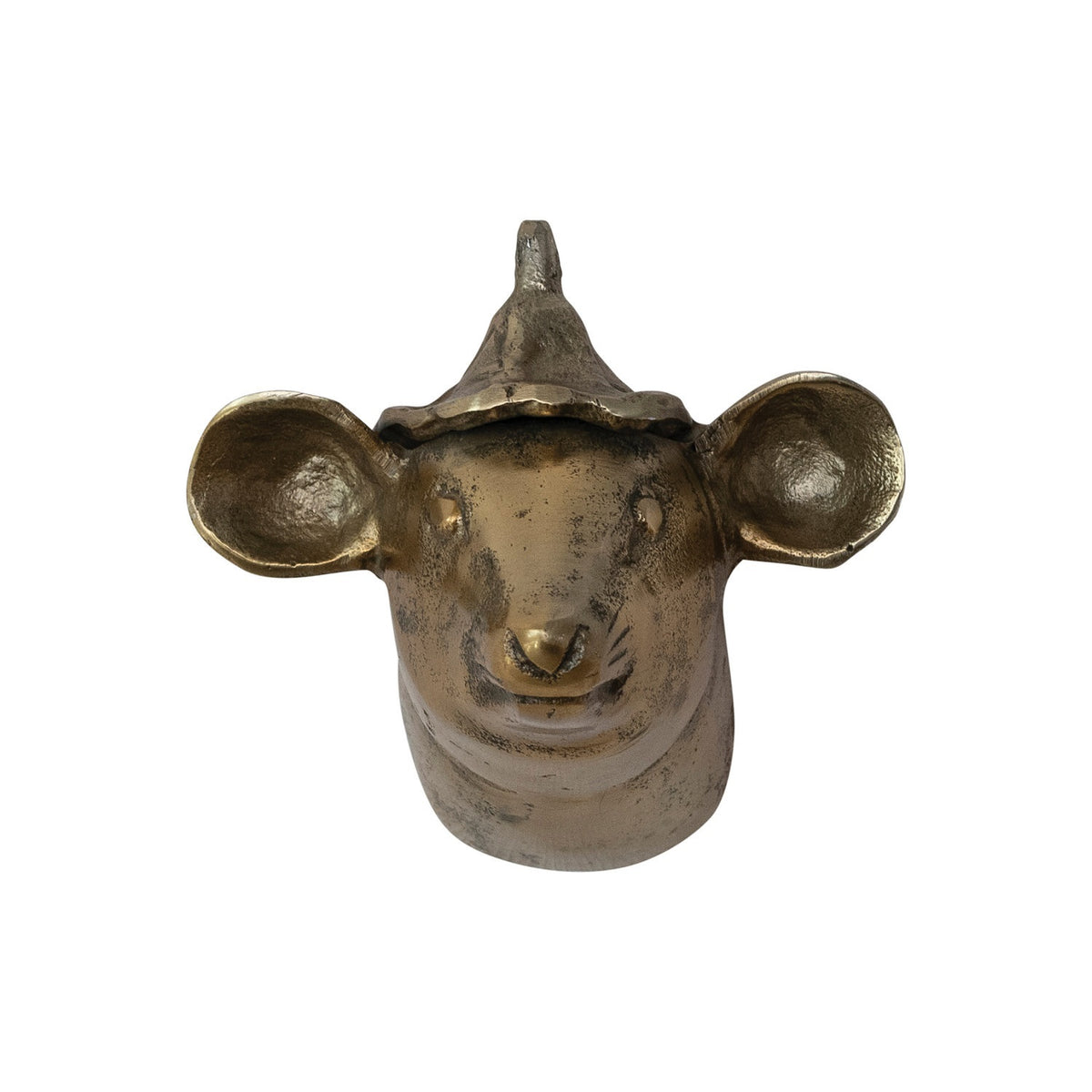 The CREATIVE COOP MOUSE HEAD WITH HAT WALL DÉCOR features an antique brass finish, large ears, and a pointed hat—an ideal mouse wall accent for cottagecore interiors. Shown isolated on a white background.