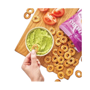 A purple bag of CRISP POWER- PROTEIN PRETZEL SESAME by CRISP POWER, a keto-friendly, plant-based snack. Each bag contains sesame-flavored pretzel rings with 6g net carbs, 27g protein, and 0g sugar. The packaging features sesame-topped rings.