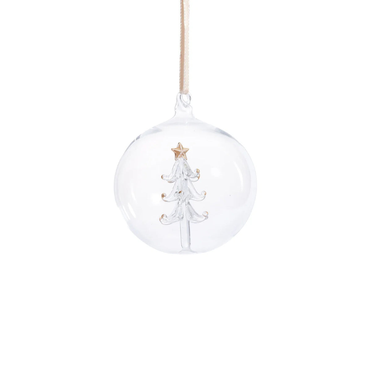 The ZODAX CLEAR GLASS BALL ORNAMENT WITH TREE INSIDE is a 4-inch ornament featuring a white glass Christmas tree topped with a gold star, suspended by a beige ribbon, beautifully displayed against a white background.