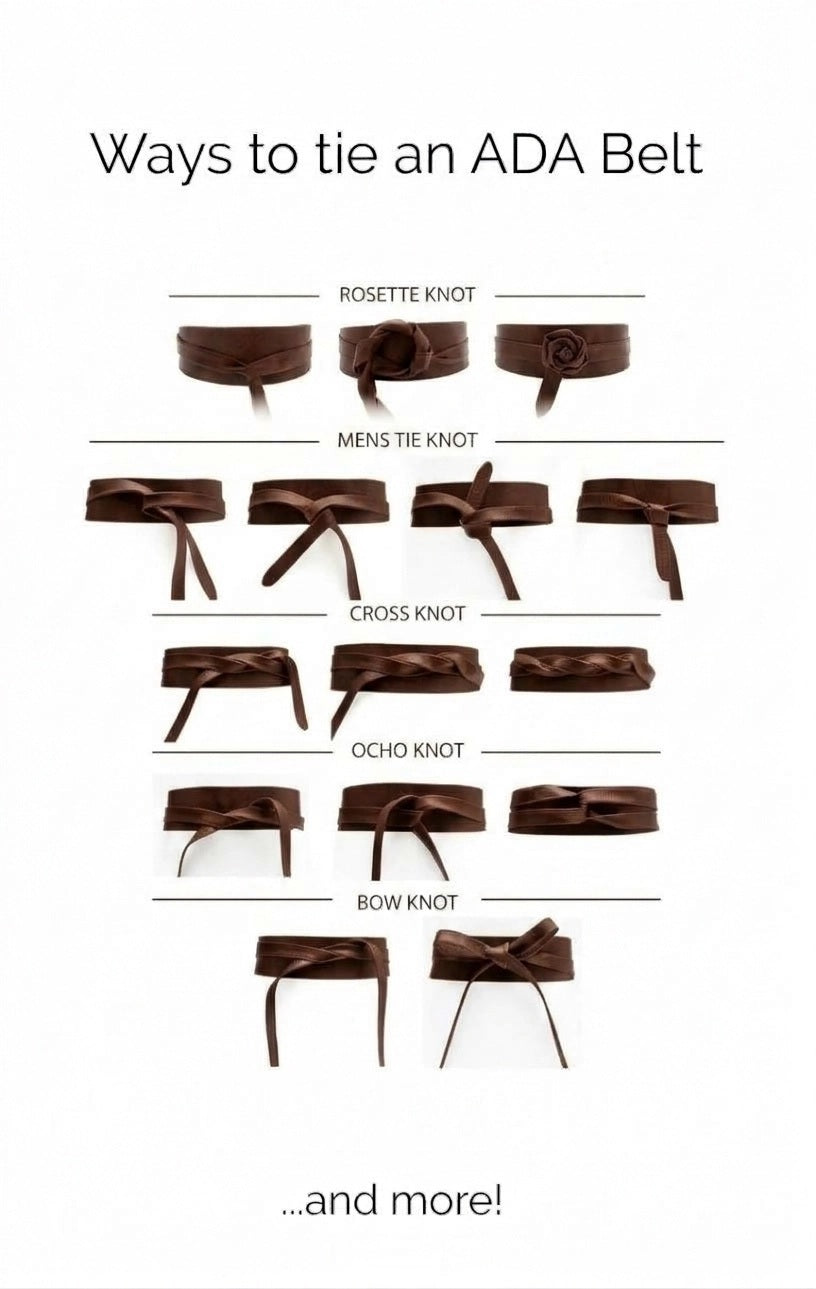 Diagram showing how to tie the ADA - SUEDE WRAP BELT IN CHOCOLATE into rosette, mens tie, cross, ocho, and bow knots.