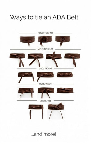 Diagram showing how to tie the ADA - SUEDE WRAP BELT IN CHOCOLATE into rosette, mens tie, cross, ocho, and bow knots.
