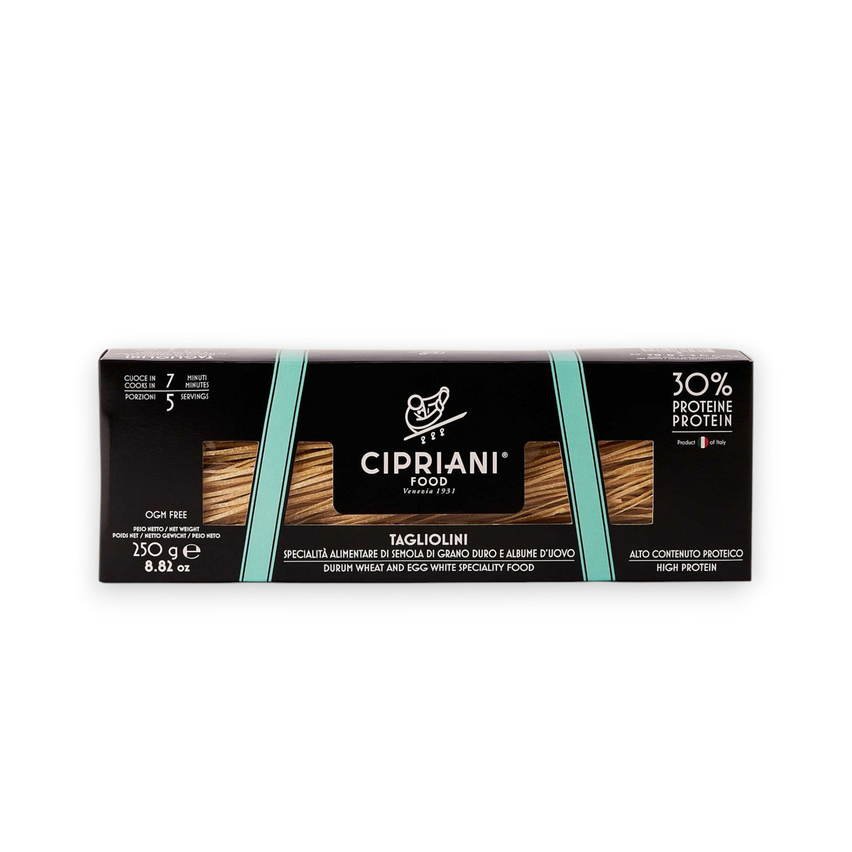 An Atalanta Corporation CIPRIANI - Organic 30% Protein Egg Tagliolini Pasta package. The black box with a turquoise stripe displays the label &quot;CIPRIANI - ORGANIC 30% PROTEIN EGG TAGLIOLINI&quot; and details such as &quot;30% Protein&quot; and &quot;380g.&quot; The pasta strands, made from Italian Durum Wheat Semolina, are visible through two transparent sections on the front.