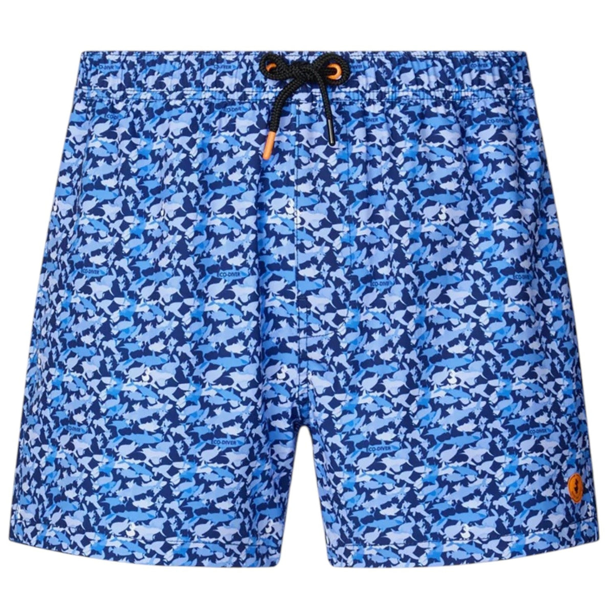 SAVE THE DUCK - ADEMIR SWIM TRUNKS IN BLUE SHARK: Quick-dry recycled polyester men's swim trunks featuring a blue and navy shark print, drawstring waistband, orange logo patch on the lower left leg, and plain light gray background.