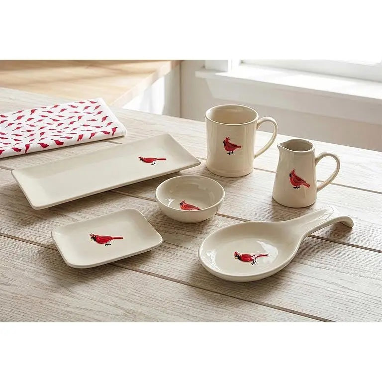 Abbott CARDINAL RECTANGLE PLATE: a rectangular off-white stoneware plate with a red cardinal illustration in the center.