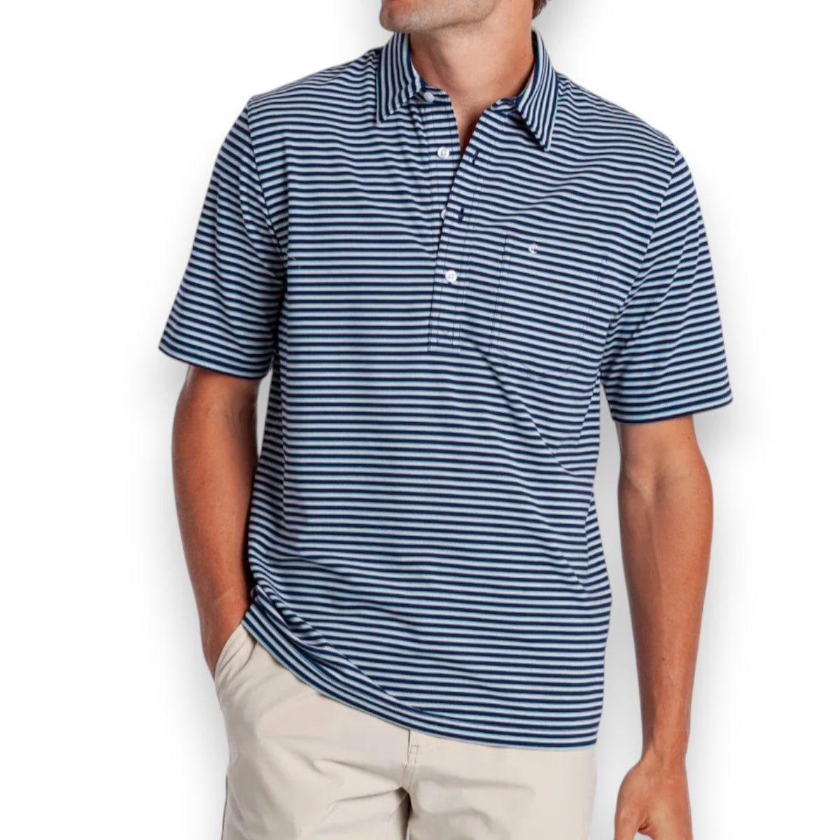 The CRIQUET Performance Players Shirt in Duval Stripe—Navy features neatly folded navy and white horizontal stripes, a collar, and a front pocket, showcased on a black background.