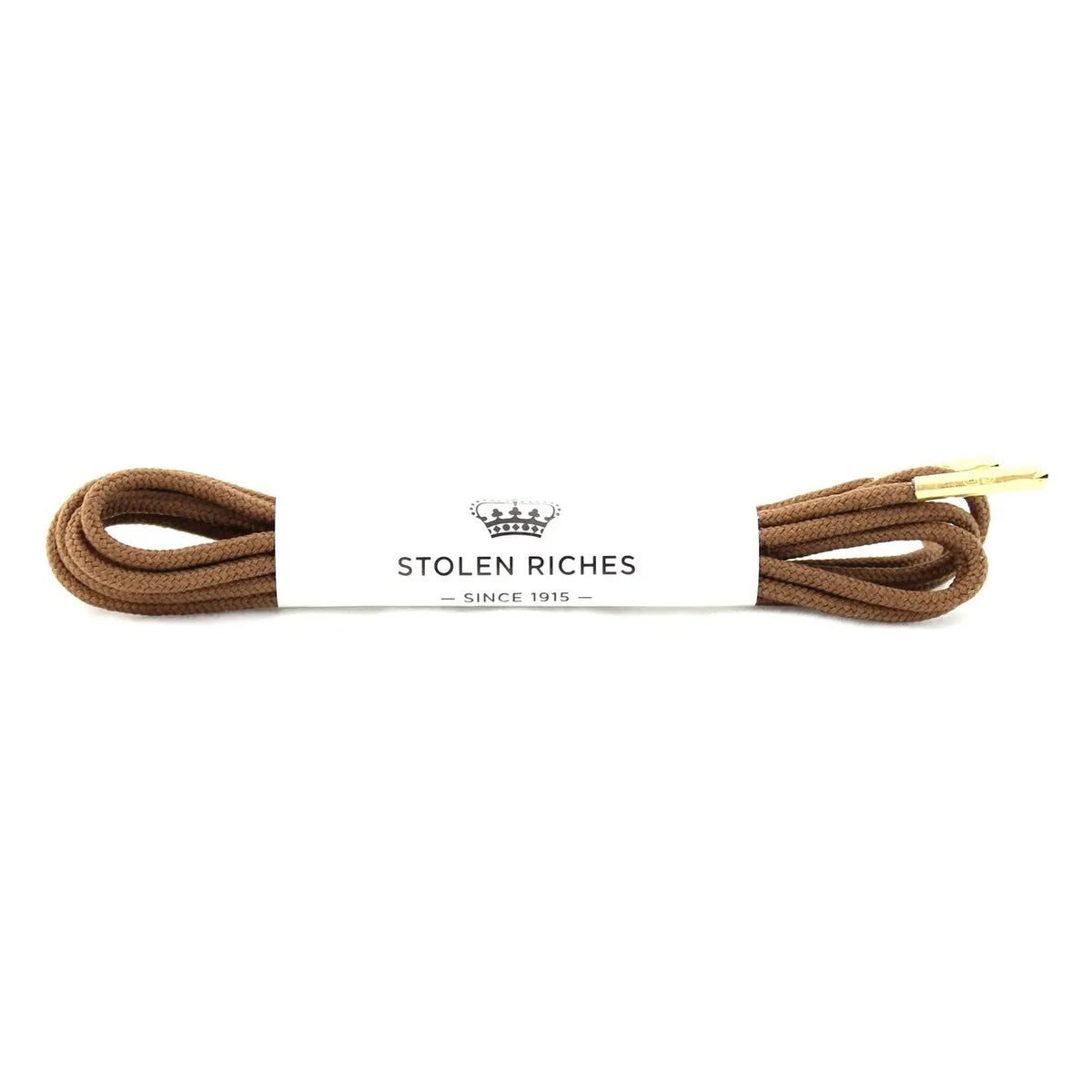 STOLEN RICHES - Dress Shoelaces in Gipper Brown feature premium brown laces with gold tips, neatly coiled and wrapped by a white band labeled "Stolen Riches Since 1915" beneath a crown logo.