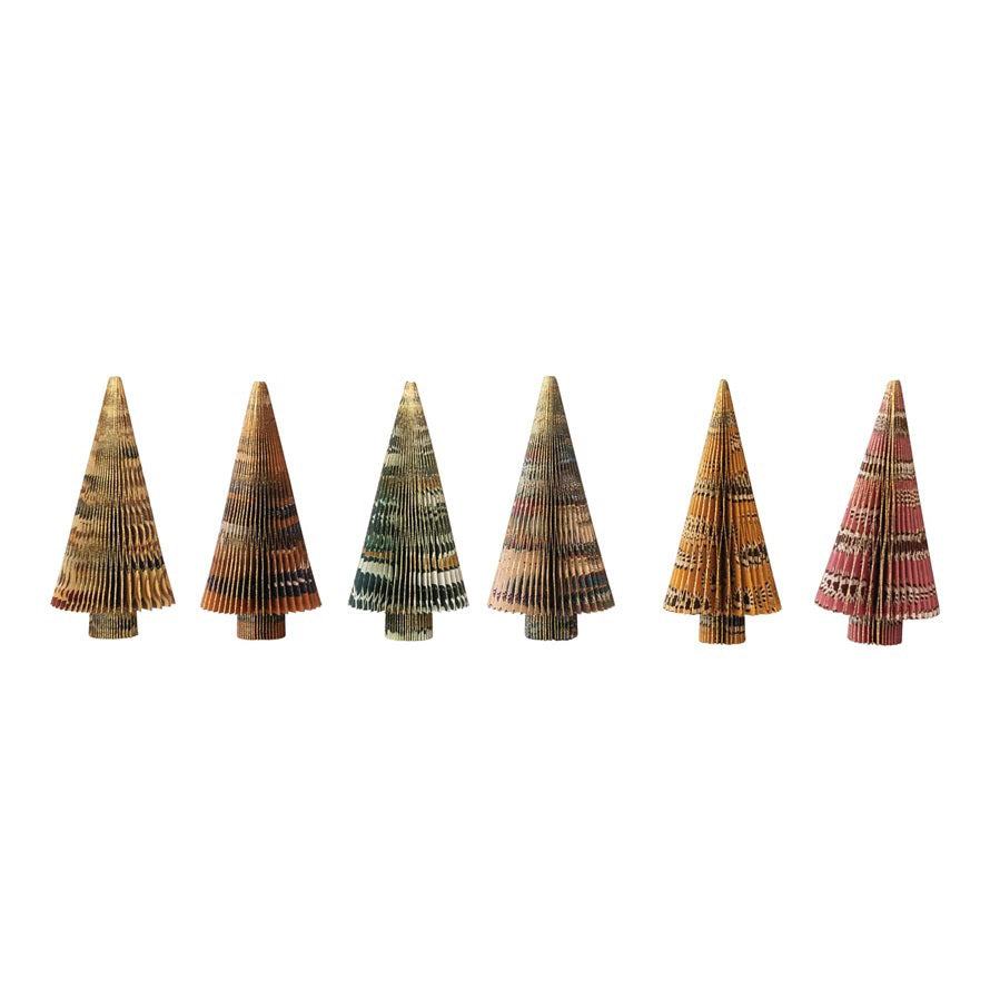 Five CREATIVE COOP HANDMADE RECYCLED BLOCK PRINT FOLDED HONEYCOMB TREES in festive brown, green, and red tones are displayed in a row—an eco-friendly, decorative holiday set crafted from recycled paper.