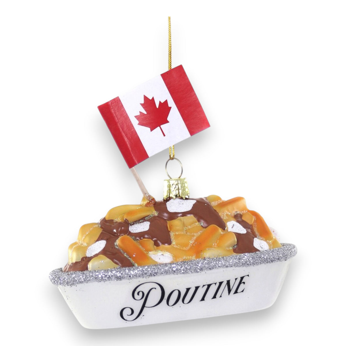 The CODY FOSTER POUTINE ORNAMENT features fries, cheese curds, gravy, a Canadian flag, and “POUTINE” on the tray—an ideal collectible or unique gift for design enthusiasts.