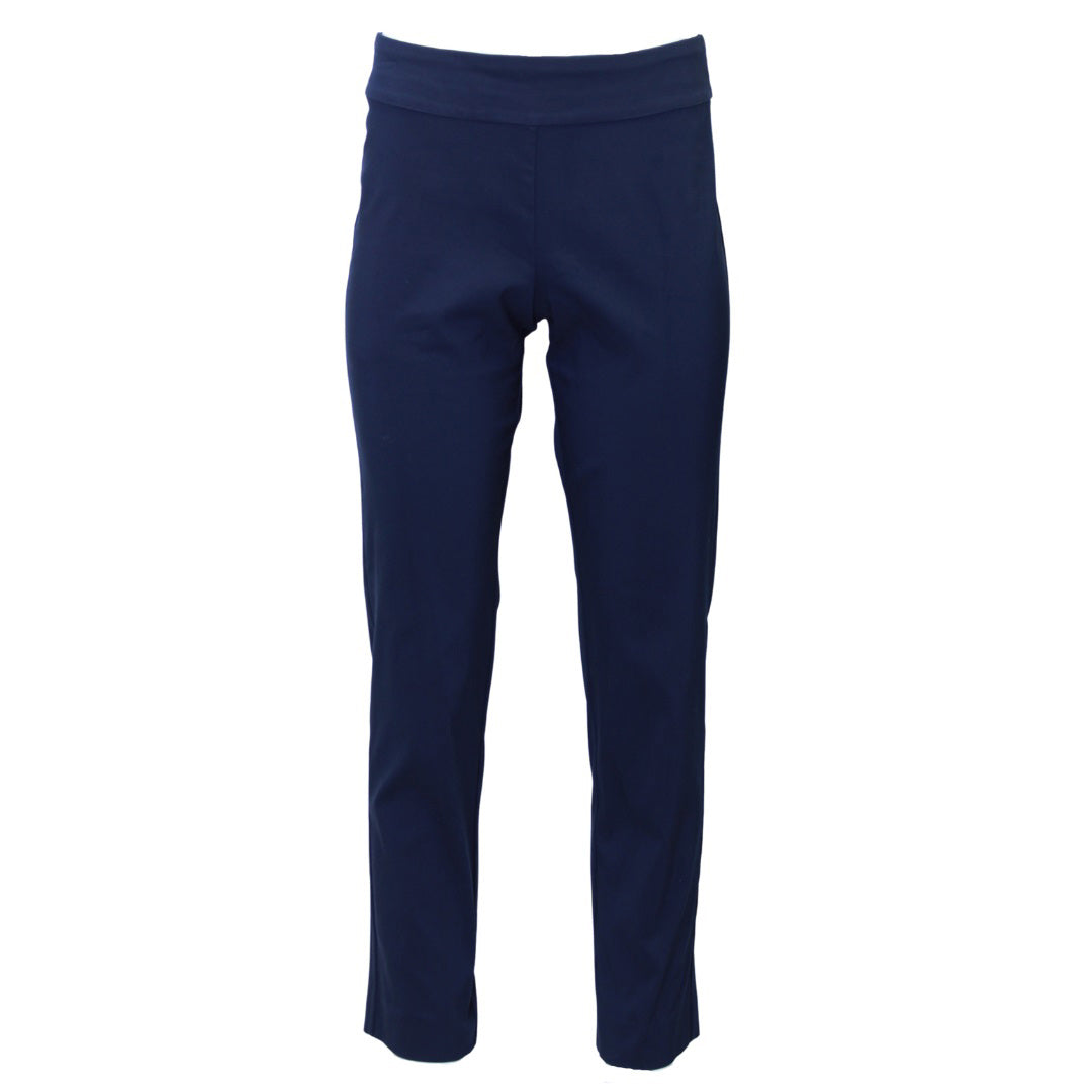 The MICROFIBER PULL ON PANT by KRAZY LARRY, INC is showcased against a white background, highlighting its dark navy blue color. These pants feature a straight-leg design and an elastic waistband, made from microfiber fabric. The high-rise style makes them suitable for both casual and semi-formal occasions.