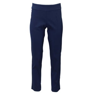 The MICROFIBER PULL ON PANT by KRAZY LARRY, INC is showcased against a white background, highlighting its dark navy blue color. These pants feature a straight-leg design and an elastic waistband, made from microfiber fabric. The high-rise style makes them suitable for both casual and semi-formal occasions.