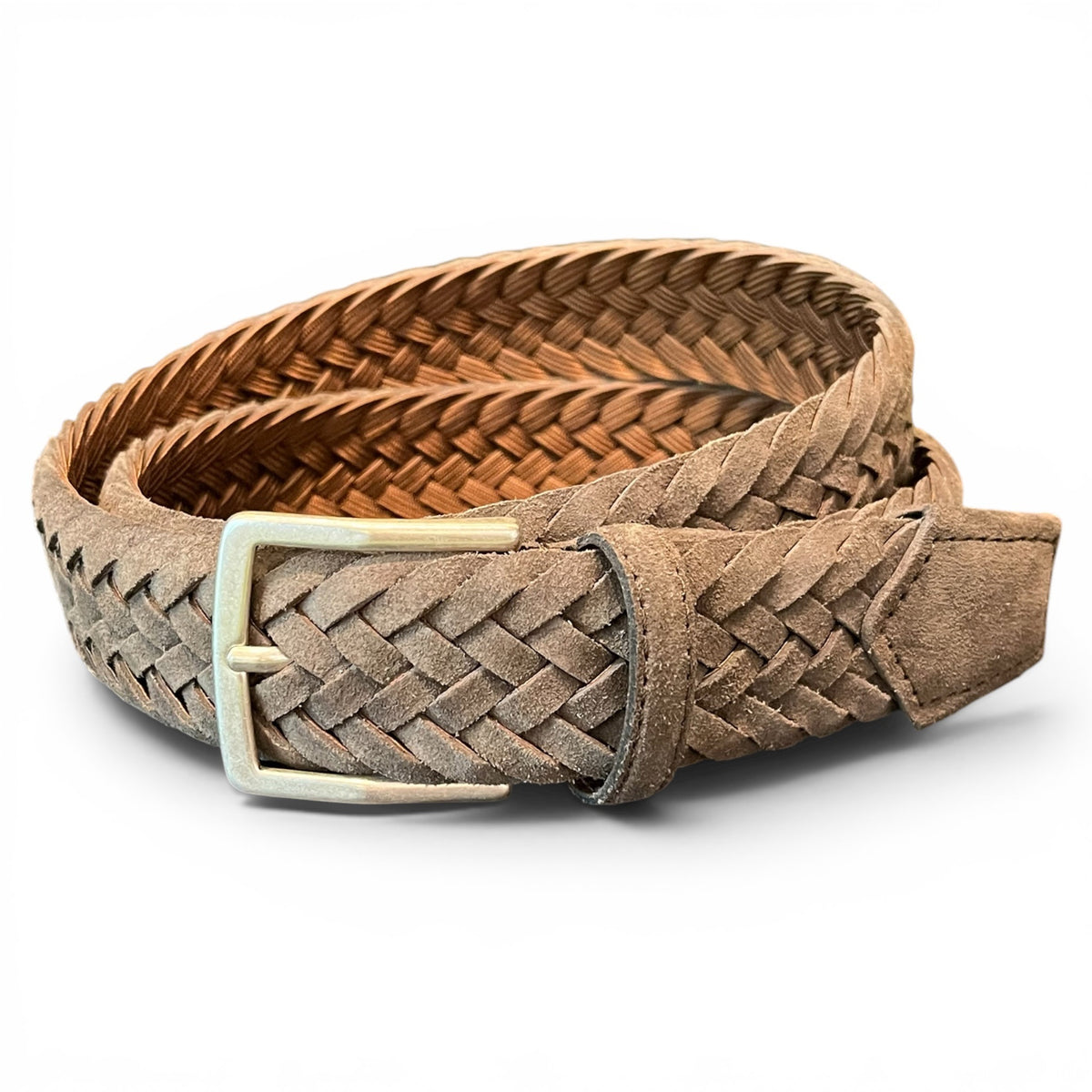 A size guide for ATHISON's premium men's belts, showing sizes XS to XL (waists 70–115 cm). The illustrated COFFEE BROWN BRAIDED SUEDE BELT in size M fits a 95 cm waist and measures 110 cm in total length.