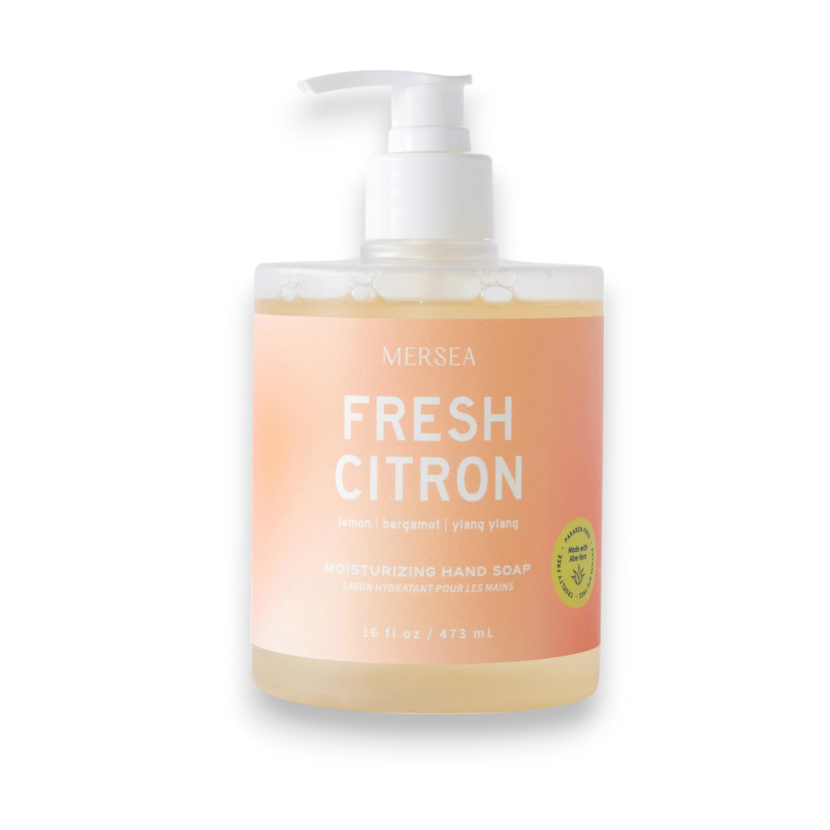 A 16oz MERSEA Fresh Citron Hand Soap with a pump dispenser, featuring a citrus scent and nourishing sea minerals. The peach label highlights lemon, bergamot, and ylang ylang.
