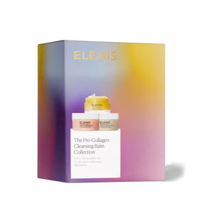 The ELEMIS Pro-Collagen Cleansing Balm Collection by ELEMIS - Steiner includes three stacked jars: a yellow top jar, a white middle jar labeled "Naked," and a pink bottom jar labeled "Rose." Each is enriched with omega-rich plant oils and essential oils for hydrating, radiant skin.
