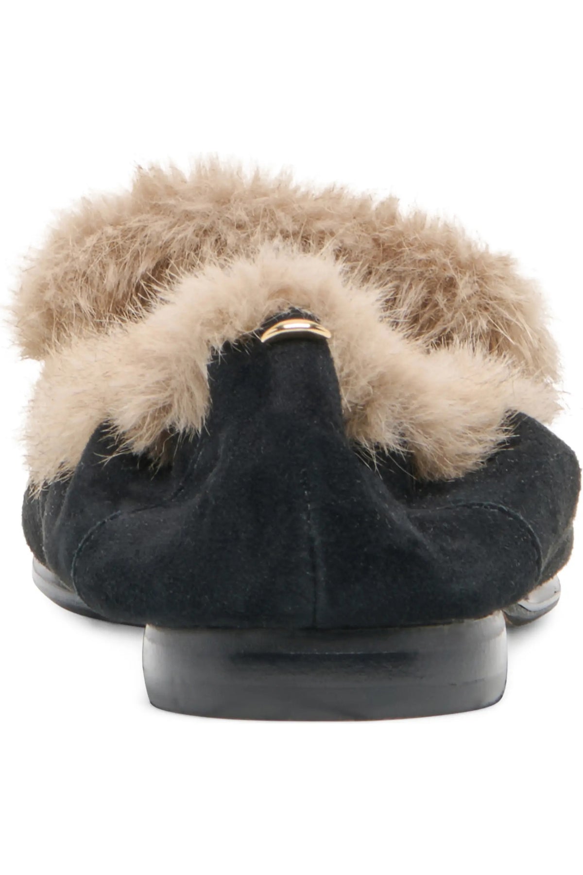DOLCE VITA - CLOEY PLUSH LOAFERS IN ONYX SUEDE: black suede penny loafer with a collapsible heel and tan faux shearling lining.