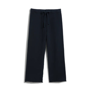 The image showcases the FRANK & EILEEN - CATHERINE Favorite Sweatpant in British Royal Navy, featuring a fashion-forward wide-leg cropped fit with a drawstring waist. The mid-rise sweatpants are displayed against a plain white background.