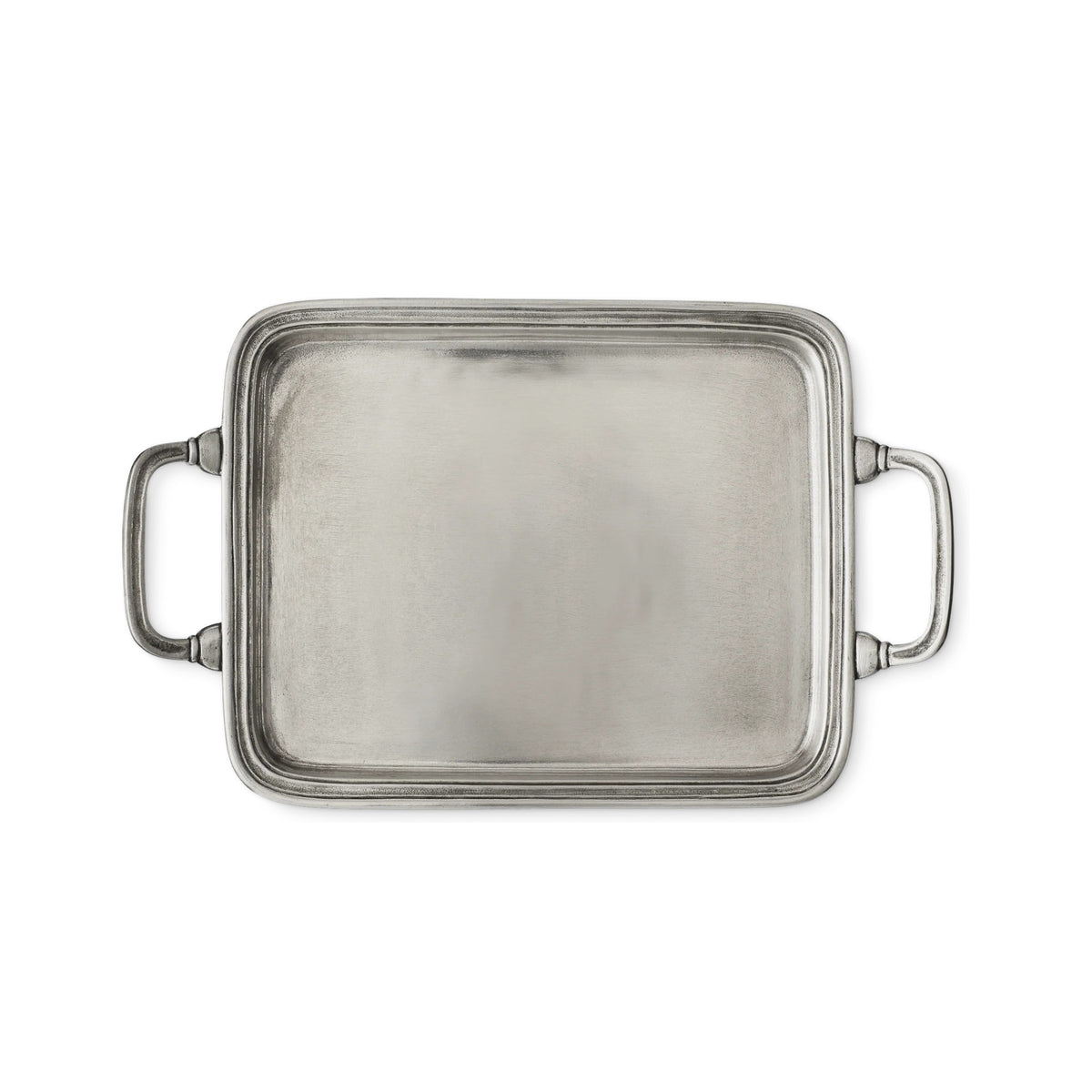 The MATCH - RECTANGULAR TRAY WITH HANDLES, SMALL by MATCH is a silver tray with two handles, shown from above on a white background. It features slightly rounded corners and a simple, smooth design.