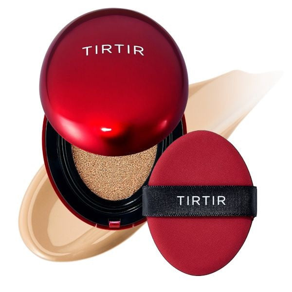 A red background image features the KOSMIC KBEAUTY SKINCARE TIRTIR Mask Fit Red Cushion Foundation in Camel and its accompanying puff, with white text providing step-by-step instructions on how to achieve full coverage makeup using this cushion foundation.