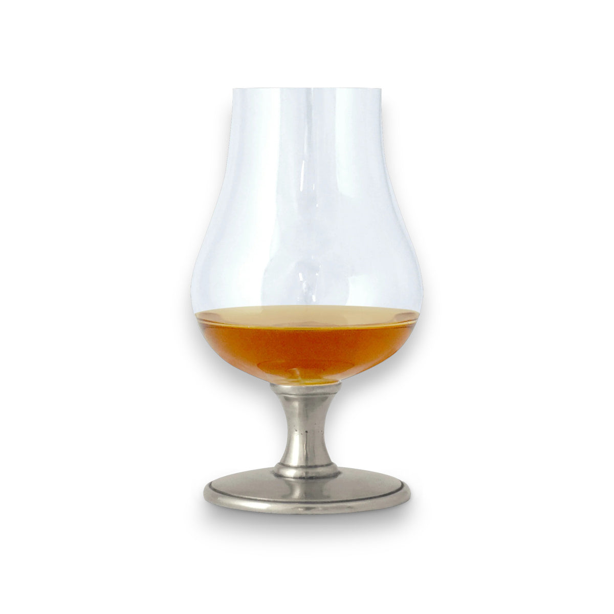 The MATCH - PEWTER WHISKEY GLASS by MATCH features a tulip-shaped crystal bowl with a short metal pewter stem, shown filled with amber whisky, set against a white background.