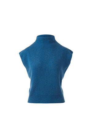 The KINROSS CASHMERE Rib Cap Sleeve Mock Neck Sweater, shown in blue with a sleeveless design, is displayed on a white background.