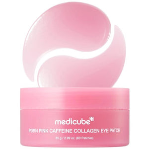A pink tub labeled “MEDICUBE - PDRN CAFFEINE COLLAGEN EYE PATCH” from KOSMIC KBEAUTY SKINCARE, shown opened with a pair of crescent-shaped pink gel patches displayed above the container. These under-eye patches are infused with collagen to help hydrate and refresh the skin.