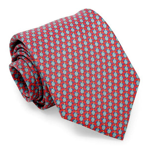 The BIRD DOG BAY PETER-BLAIR Tortuga Silk Tie in Pink features a pink background with a repeating pattern of small blue and red turtles.