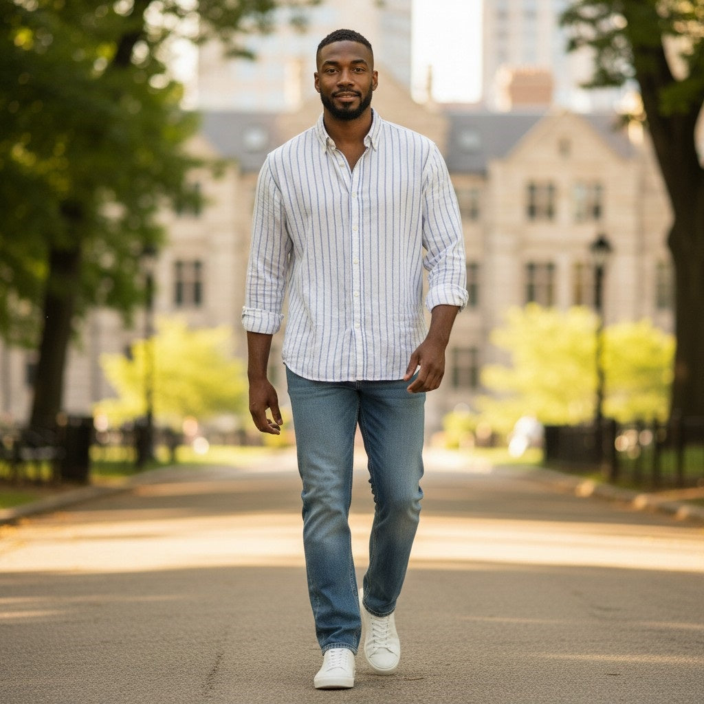 A man stands facing forward and smiling against a white background, wearing FRANK & EILEEN's FINBAR Men's Button Up Shirt in white with turquoise stripes (washed linen) and blue jeans.