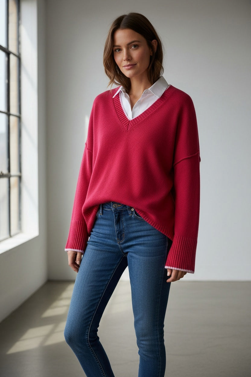 Wearing the MERSEA Montauk Colorblock V Neck Sweater in Raspberry, a woman in jeans poses against a pink background, smiling softly and raising one arm near her face.