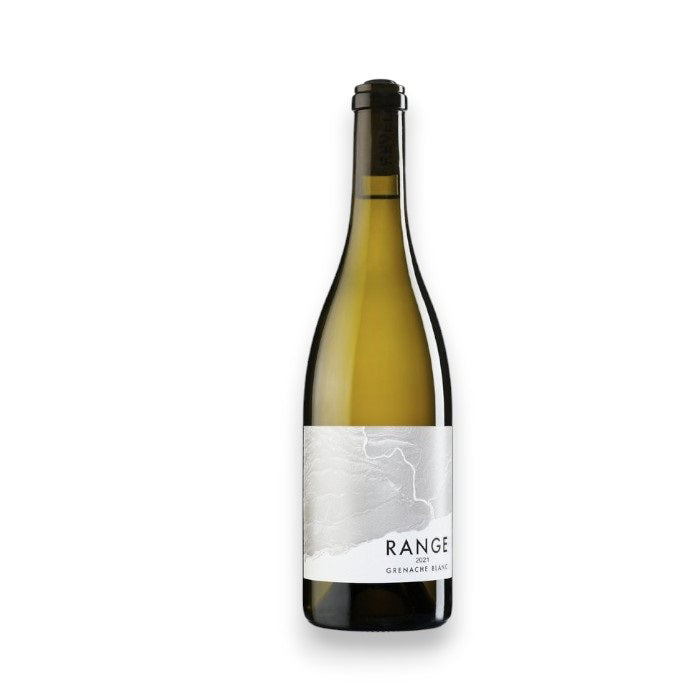 A bottle of REVELRY RANGE GRENACHE BLANC 2022 by WINE: ADVINTAGE stands upright on a white background, its minimalist label with subtle topographic lines hinting at the wine's refreshing citrus notes.