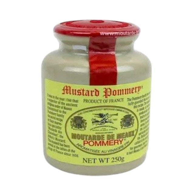 A 3.5oz stone jar of POMMERY MEAUX MUSTARD from THE FRENCH FARM, featuring a red wax seal and a yellow label that reads “Moutarde de Meaux Pommery, Product of France, Net Wt 250g.” This traditional French grainy mustard is distinguished by visible mustard seeds and a uniquely nutty flavor.