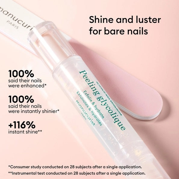Two close-up images of a fingernail labeled “Before” and “After” show noticeably increased shine—perfect for achieving glossy nails with the MANUCURIST - GLOSSY BOOSTER DUO by MANUCURIST INC. The text reads “+116% instant shine*,” referencing an instrumental test conducted on 28 subjects. Inspired by the Japanese manicure technique, this nail exfoliator transforms dull nails into brilliantly radiant ones.