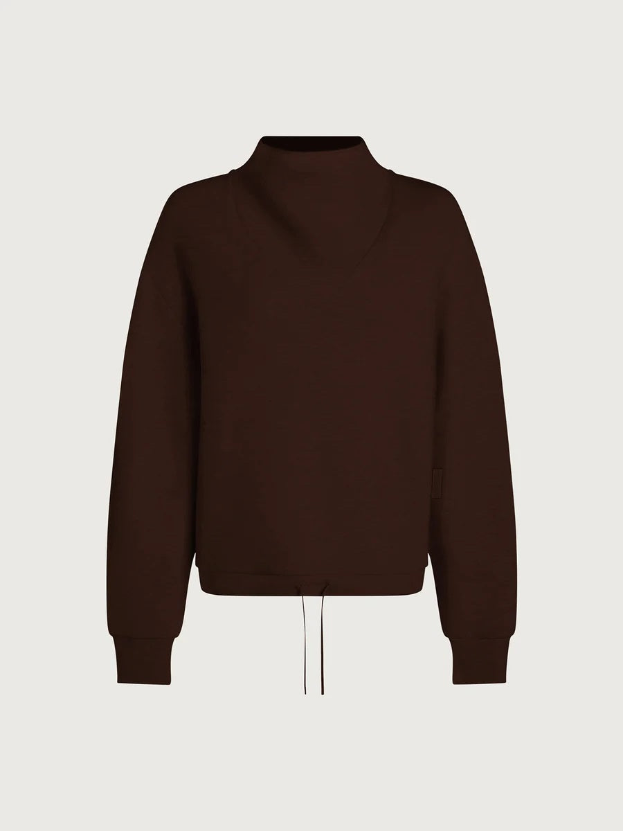 VARLEY - BETSY SWEATSHIRT IN COFFEE BEAN in dark brown DoubleSoft fabric, featuring a long-sleeved silhouette with a high cowl neckline and a drawstring hem.
