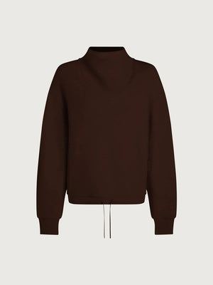 VARLEY - BETSY SWEATSHIRT IN COFFEE BEAN in dark brown DoubleSoft fabric, featuring a long-sleeved silhouette with a high cowl neckline and a drawstring hem.