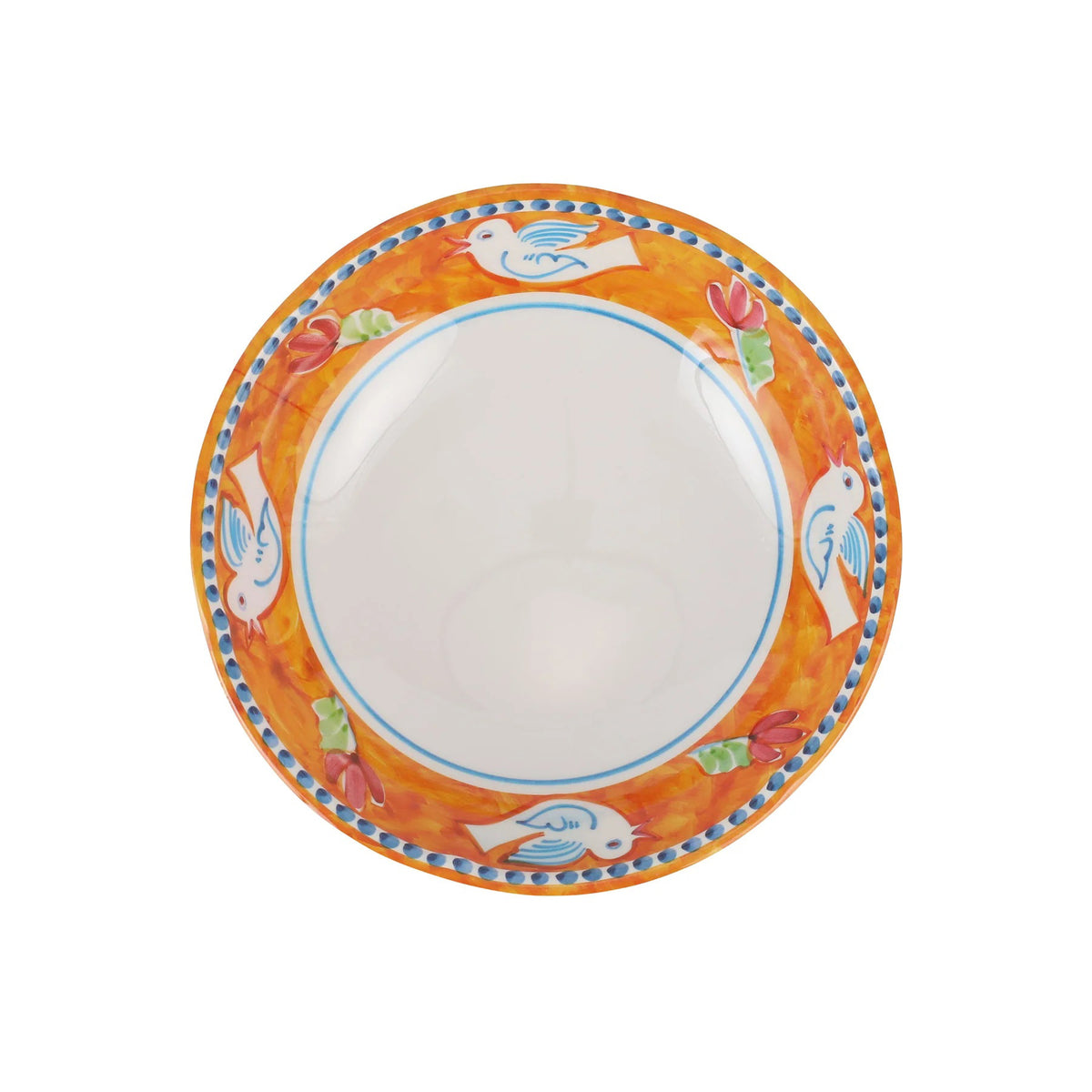 The VIETRI Melamine Campagna Pasta Bowl features a red interior with playful pig and fruit designs, a blue patterned edge, and a durable white melamine build—perfect for outdoor dining.