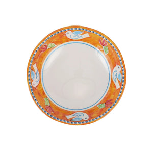 The VIETRI Melamine Campagna Pasta Bowl features a red interior with playful pig and fruit designs, a blue patterned edge, and a durable white melamine build—perfect for outdoor dining.