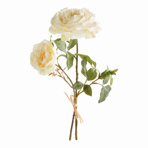 The NAPA HOME AND GARDEN - ENGLISH ROSE STEM features two large, pale peach roses with life-like petals and lush green leaves, tied with a natural raffia ribbon against a plain white background.