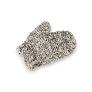 A single, thick, gray BAUDELAIRE - SISAL & HORSEHAIR BATH GLOVE lies flat against a plain white background. The bath glove, resembling a hand-knit mitten, is crafted with a textured pattern that provides a cozy and warm appearance.