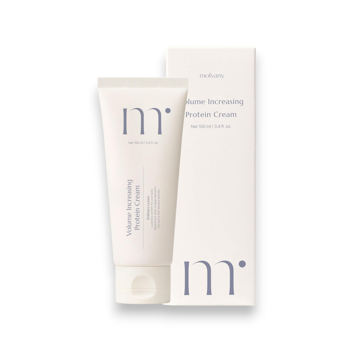 A white tube labeled &quot;MOLVANY - VOLUE IMPACT PROTEIN CREAM&quot; infused with colostrum protein for skin elasticity, stands before its box. The minimalistic packaging has blue text on a clean background, with &quot;HONG CHEON USA, INC&quot; printed at the top.