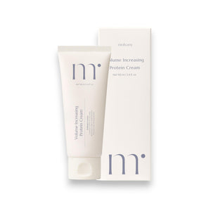 A white tube labeled "MOLVANY - VOLUE IMPACT PROTEIN CREAM" infused with colostrum protein for skin elasticity, stands before its box. The minimalistic packaging has blue text on a clean background, with "HONG CHEON USA, INC" printed at the top.