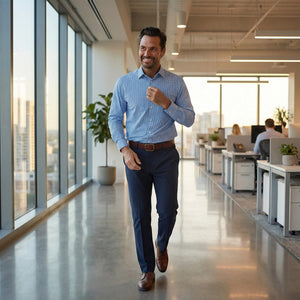 A man with short dark hair and a beard, wearing the COLLARS AND CO Semi Spread Collar Apex Performance Dress Shirt in Vincenzo Blue Tattersall, leans on a railing and smiles while looking down.